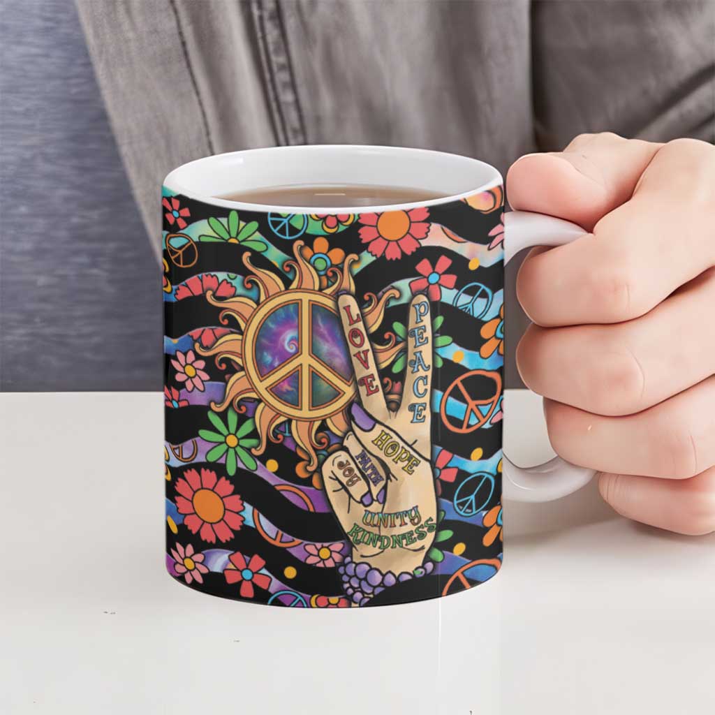 Hippie Ceramic Mug Hand Gesture V With Peace Symbol - Wonder Print Shop
