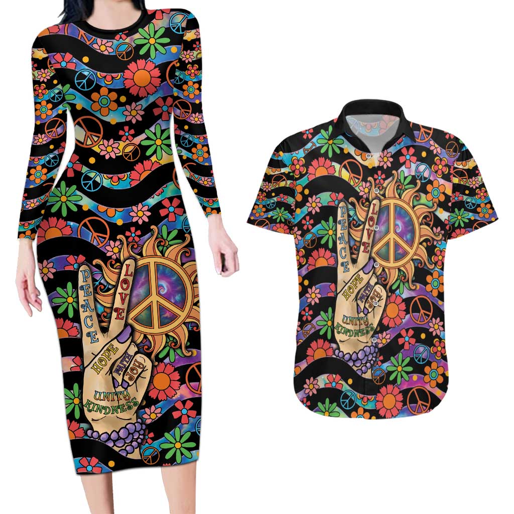 Hippie Couples Matching Long Sleeve Bodycon Dress and Hawaiian Shirt Hand Gesture V With Peace Symbol - Wonder Print Shop