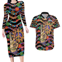 Hippie Couples Matching Long Sleeve Bodycon Dress and Hawaiian Shirt Hand Gesture V With Peace Symbol - Wonder Print Shop