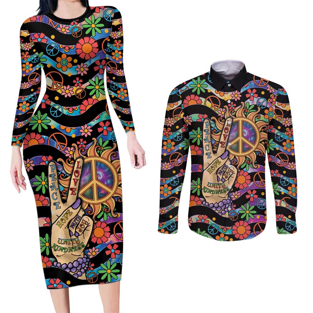 Hippie Couples Matching Long Sleeve Bodycon Dress and Long Sleeve Button Shirt Hand Gesture V With Peace Symbol - Wonder Print Shop