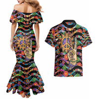 Hippie Couples Matching Mermaid Dress and Hawaiian Shirt Hand Gesture V With Peace Symbol - Wonder Print Shop