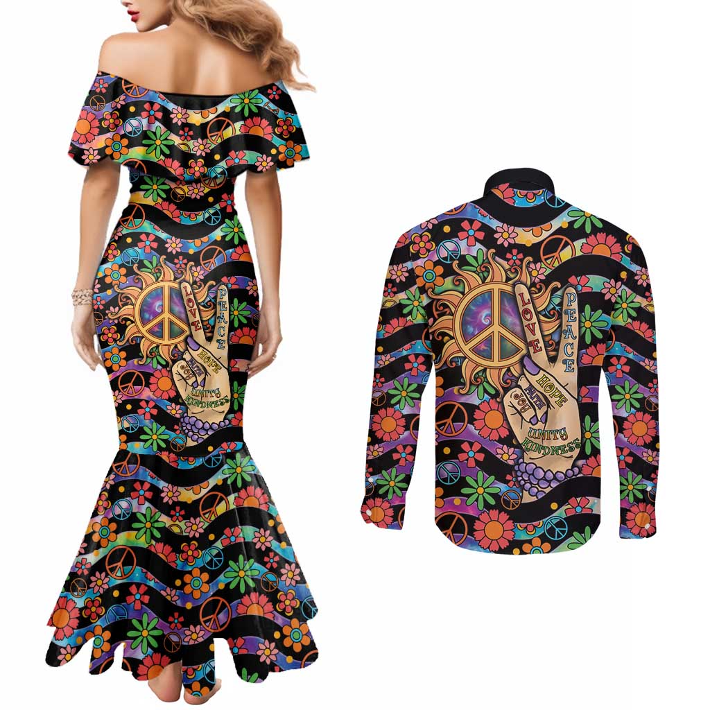 Hippie Couples Matching Mermaid Dress and Long Sleeve Button Shirt Hand Gesture V With Peace Symbol - Wonder Print Shop