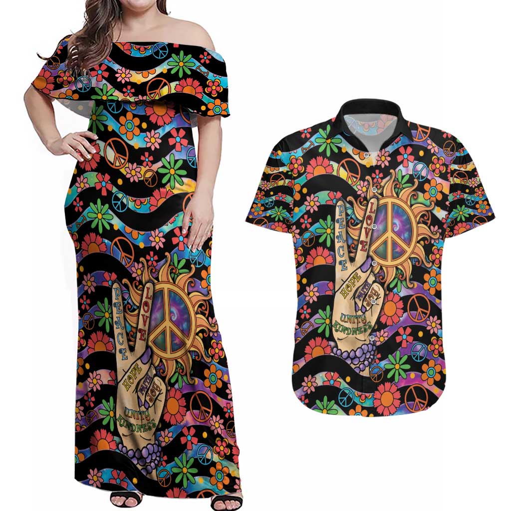 Hippie Couples Matching Off Shoulder Maxi Dress and Hawaiian Shirt Hand Gesture V With Peace Symbol - Wonder Print Shop