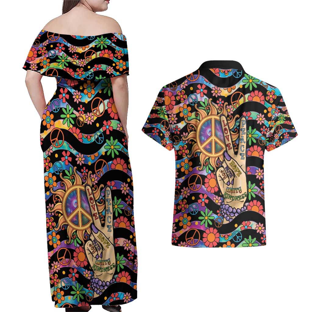 Hippie Couples Matching Off Shoulder Maxi Dress and Hawaiian Shirt Hand Gesture V With Peace Symbol - Wonder Print Shop