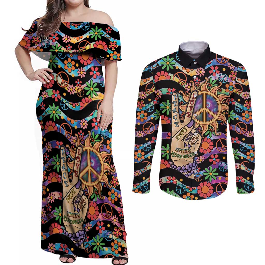 Hippie Couples Matching Off Shoulder Maxi Dress and Long Sleeve Button Shirt Hand Gesture V With Peace Symbol - Wonder Print Shop