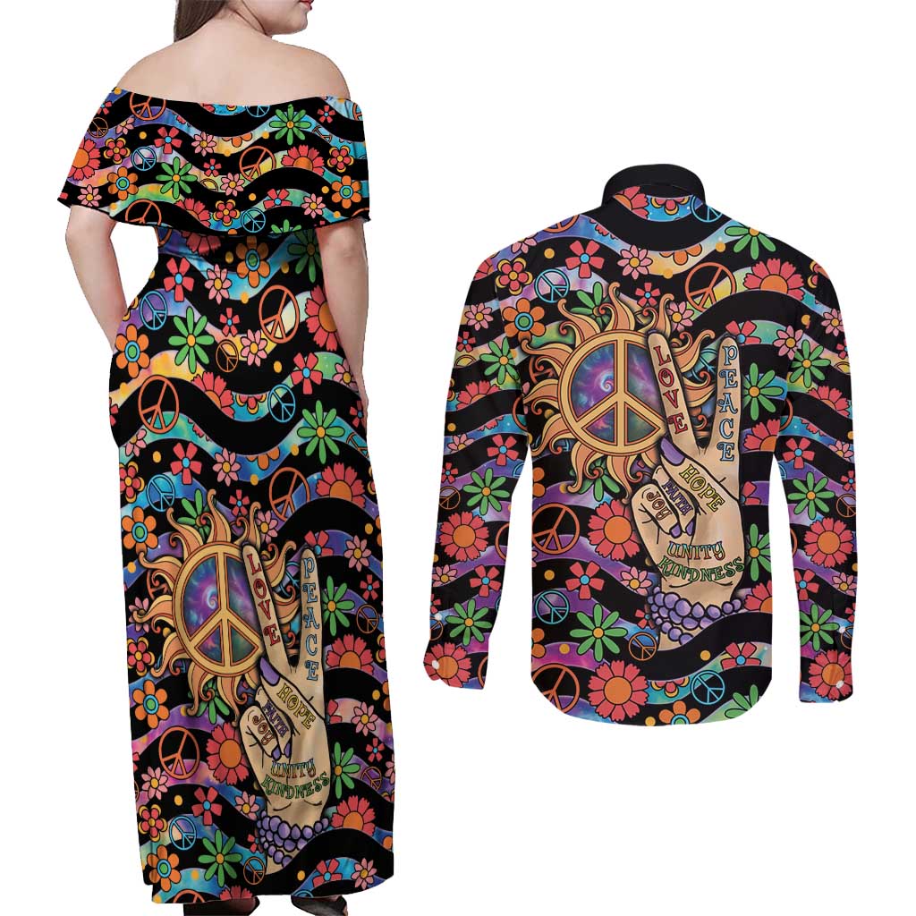Hippie Couples Matching Off Shoulder Maxi Dress and Long Sleeve Button Shirt Hand Gesture V With Peace Symbol - Wonder Print Shop