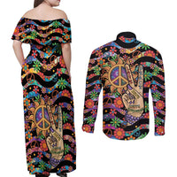 Hippie Couples Matching Off Shoulder Maxi Dress and Long Sleeve Button Shirt Hand Gesture V With Peace Symbol - Wonder Print Shop