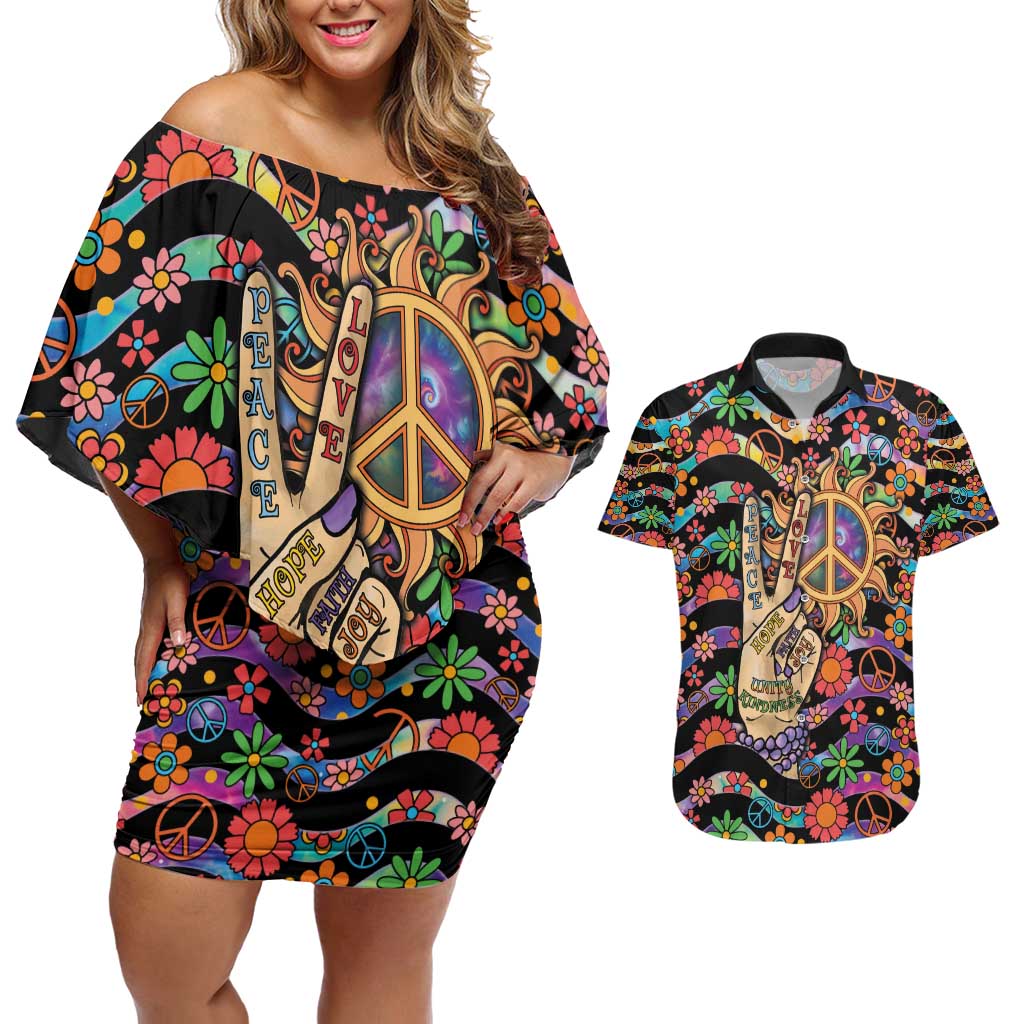 Hippie Couples Matching Off Shoulder Short Dress and Hawaiian Shirt Hand Gesture V With Peace Symbol - Wonder Print Shop