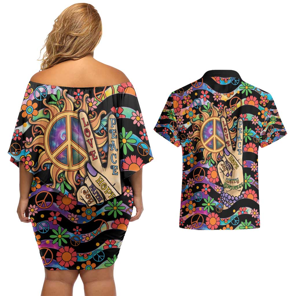 Hippie Couples Matching Off Shoulder Short Dress and Hawaiian Shirt Hand Gesture V With Peace Symbol - Wonder Print Shop