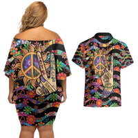 Hippie Couples Matching Off Shoulder Short Dress and Hawaiian Shirt Hand Gesture V With Peace Symbol - Wonder Print Shop