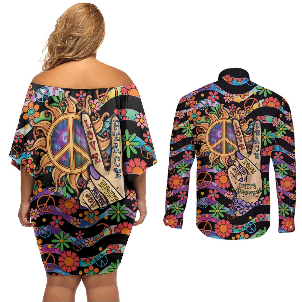 Hippie Couples Matching Off Shoulder Short Dress and Long Sleeve Button Shirt Hand Gesture V With Peace Symbol - Wonder Print Shop