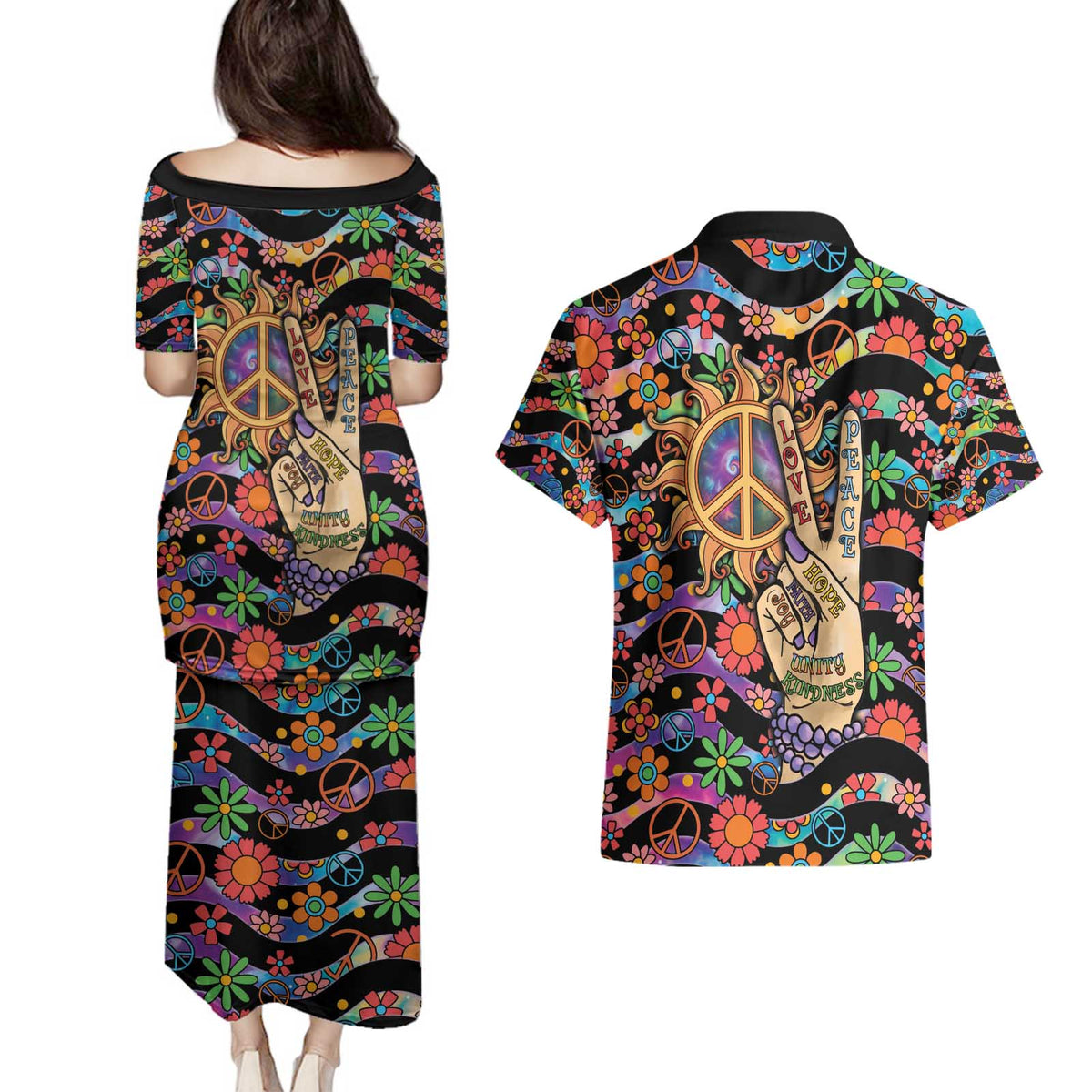 Hippie Couples Matching Puletasi and Hawaiian Shirt Hand Gesture V With Peace Symbol - Wonder Print Shop