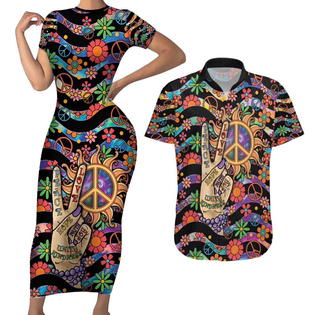 Hippie Couples Matching Short Sleeve Bodycon Dress and Hawaiian Shirt Hand Gesture V With Peace Symbol - Wonder Print Shop