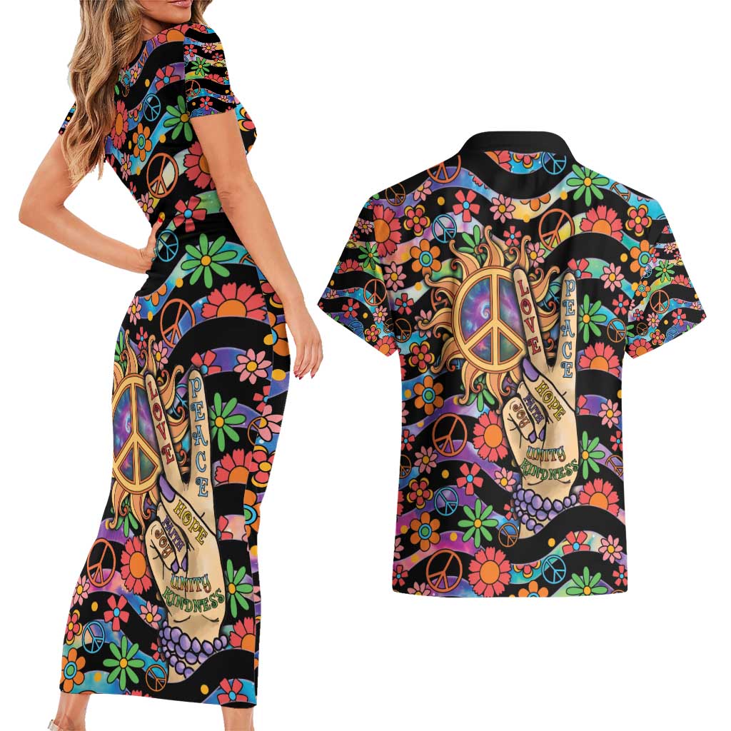 Hippie Couples Matching Short Sleeve Bodycon Dress and Hawaiian Shirt Hand Gesture V With Peace Symbol - Wonder Print Shop