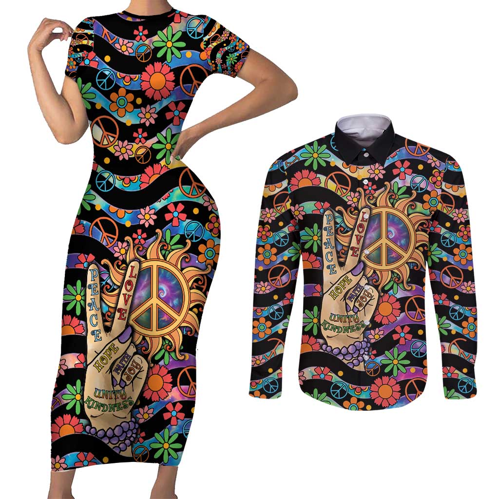 Hippie Couples Matching Short Sleeve Bodycon Dress and Long Sleeve Button Shirt Hand Gesture V With Peace Symbol - Wonder Print Shop