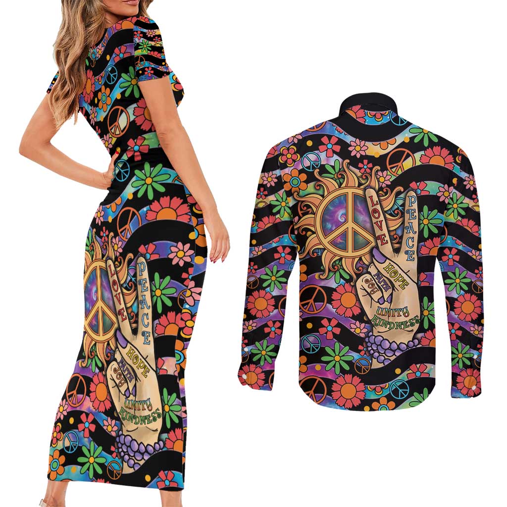 Hippie Couples Matching Short Sleeve Bodycon Dress and Long Sleeve Button Shirt Hand Gesture V With Peace Symbol - Wonder Print Shop