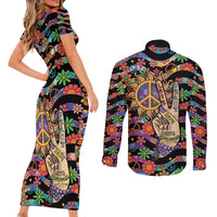 Hippie Couples Matching Short Sleeve Bodycon Dress and Long Sleeve Button Shirt Hand Gesture V With Peace Symbol - Wonder Print Shop