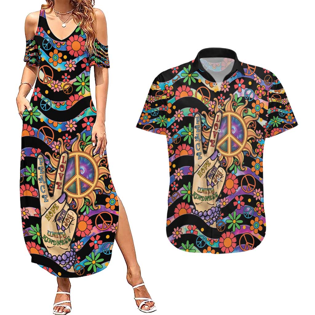 Hippie Couples Matching Summer Maxi Dress and Hawaiian Shirt Hand Gesture V With Peace Symbol - Wonder Print Shop