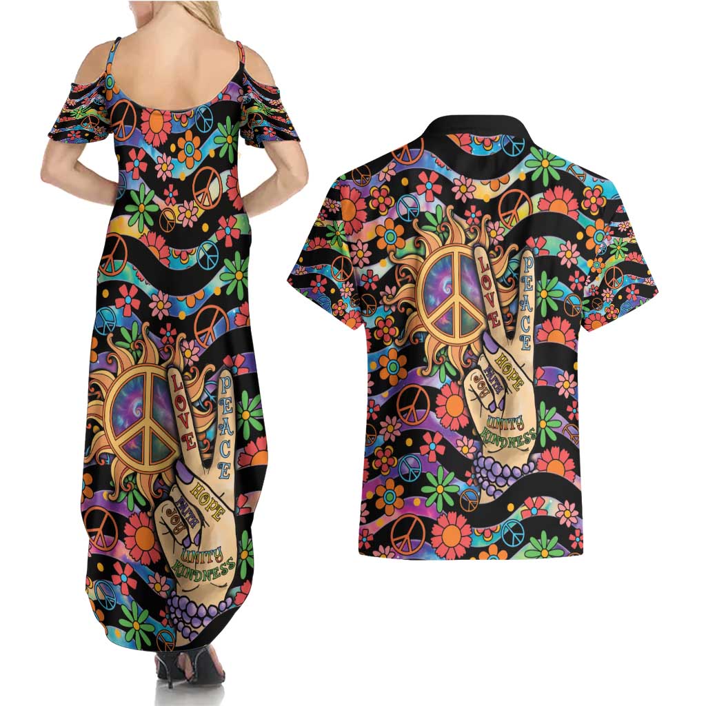 Hippie Couples Matching Summer Maxi Dress and Hawaiian Shirt Hand Gesture V With Peace Symbol - Wonder Print Shop