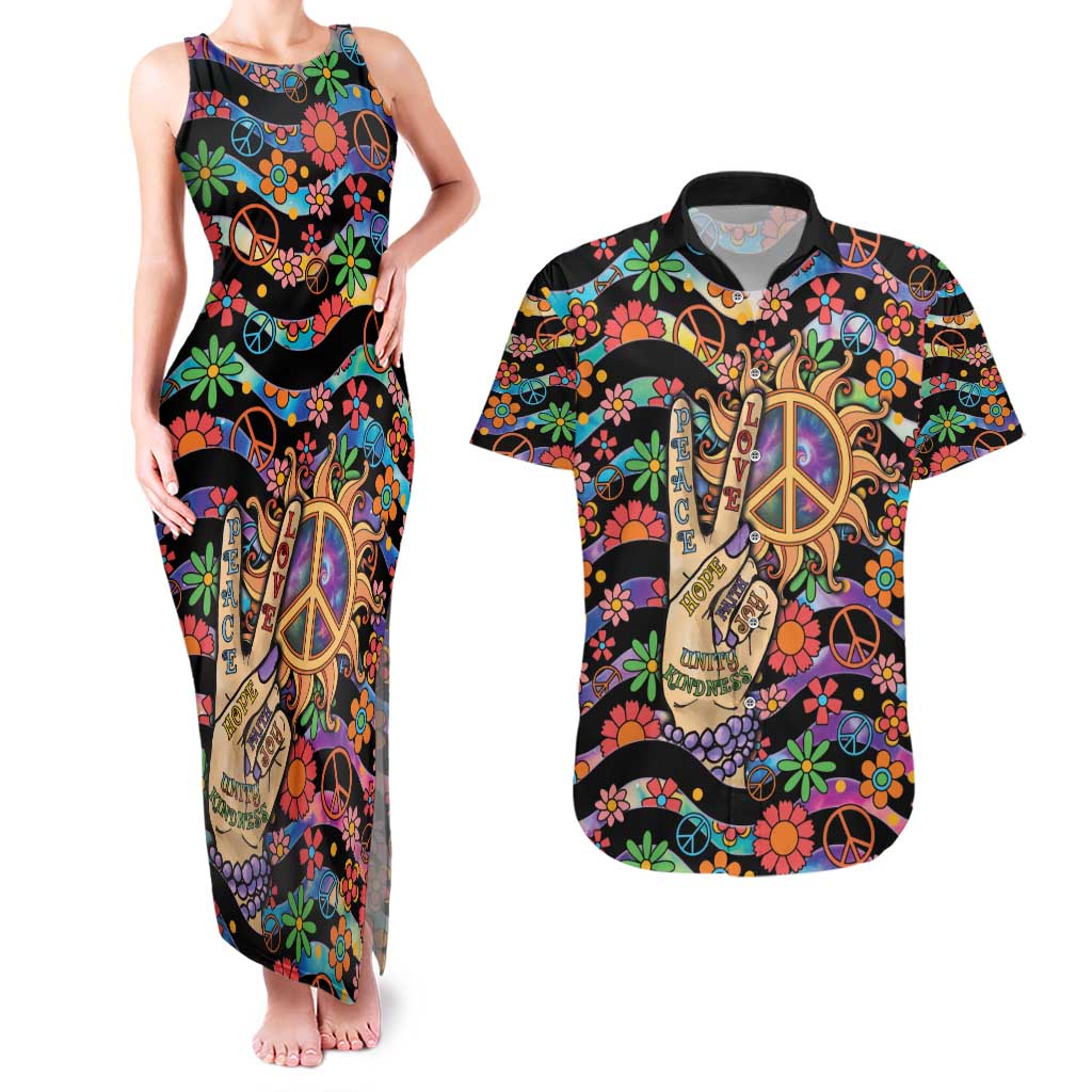 Hippie Couples Matching Tank Maxi Dress and Hawaiian Shirt Hand Gesture V With Peace Symbol - Wonder Print Shop