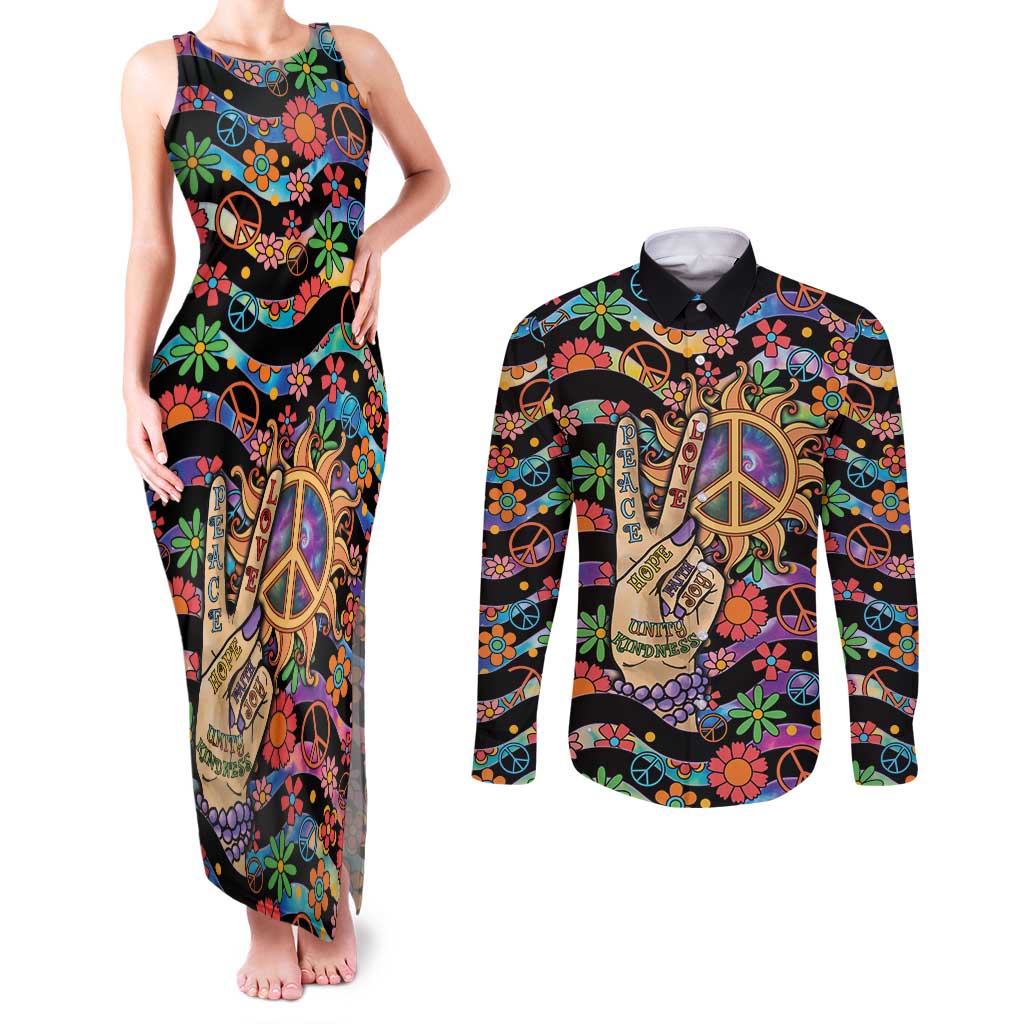 Hippie Couples Matching Tank Maxi Dress and Long Sleeve Button Shirt Hand Gesture V With Peace Symbol - Wonder Print Shop