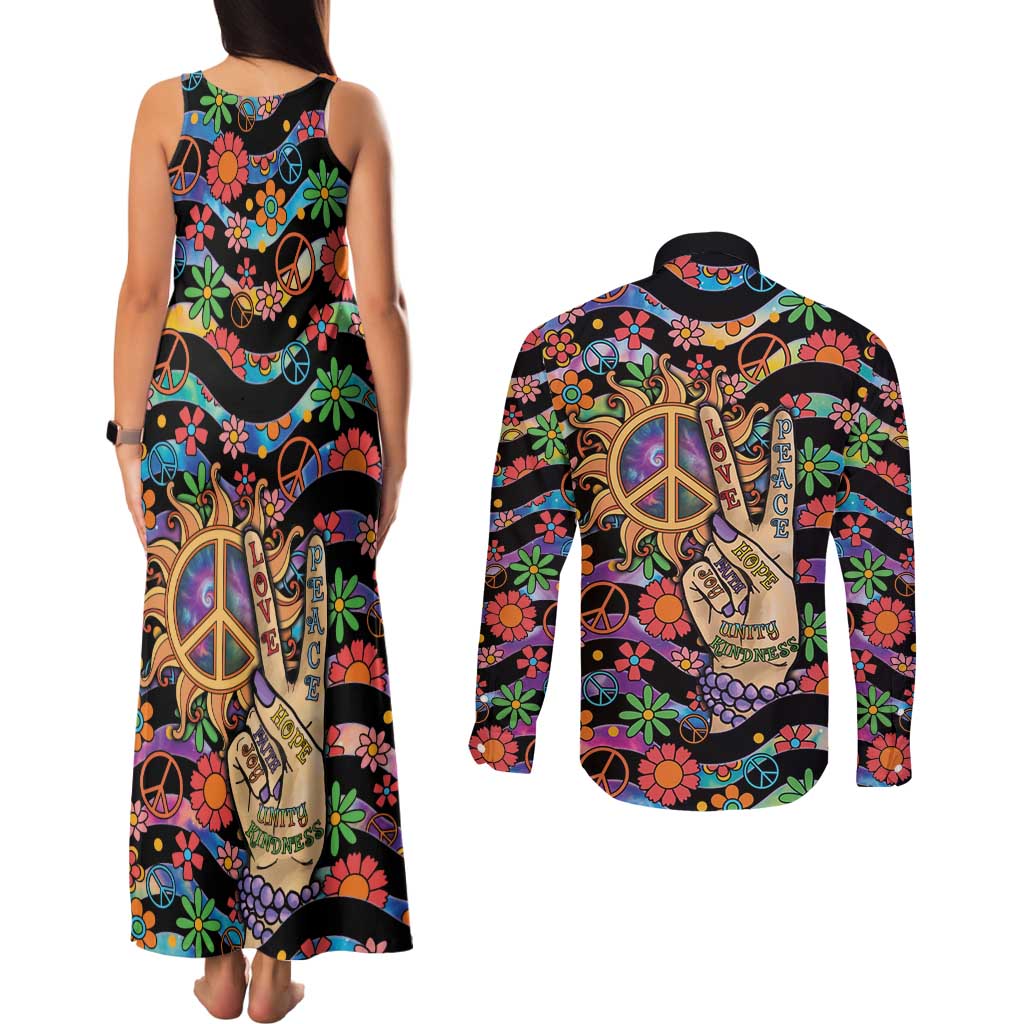 Hippie Couples Matching Tank Maxi Dress and Long Sleeve Button Shirt Hand Gesture V With Peace Symbol - Wonder Print Shop