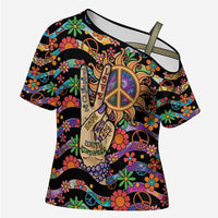 Hippie Cross Shoulder Shirt Hand Gesture V With Peace Symbol - Wonder Print Shop