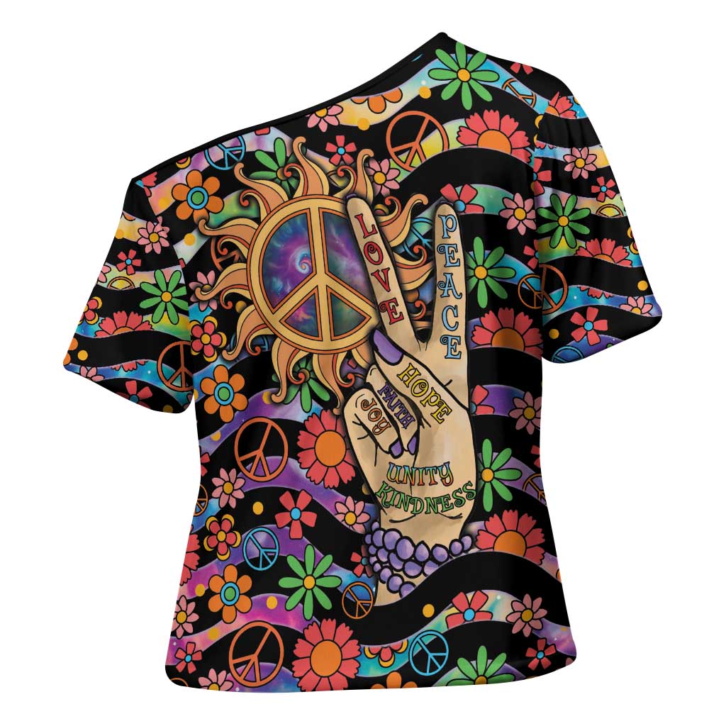 Hippie Cross Shoulder Shirt Hand Gesture V With Peace Symbol - Wonder Print Shop