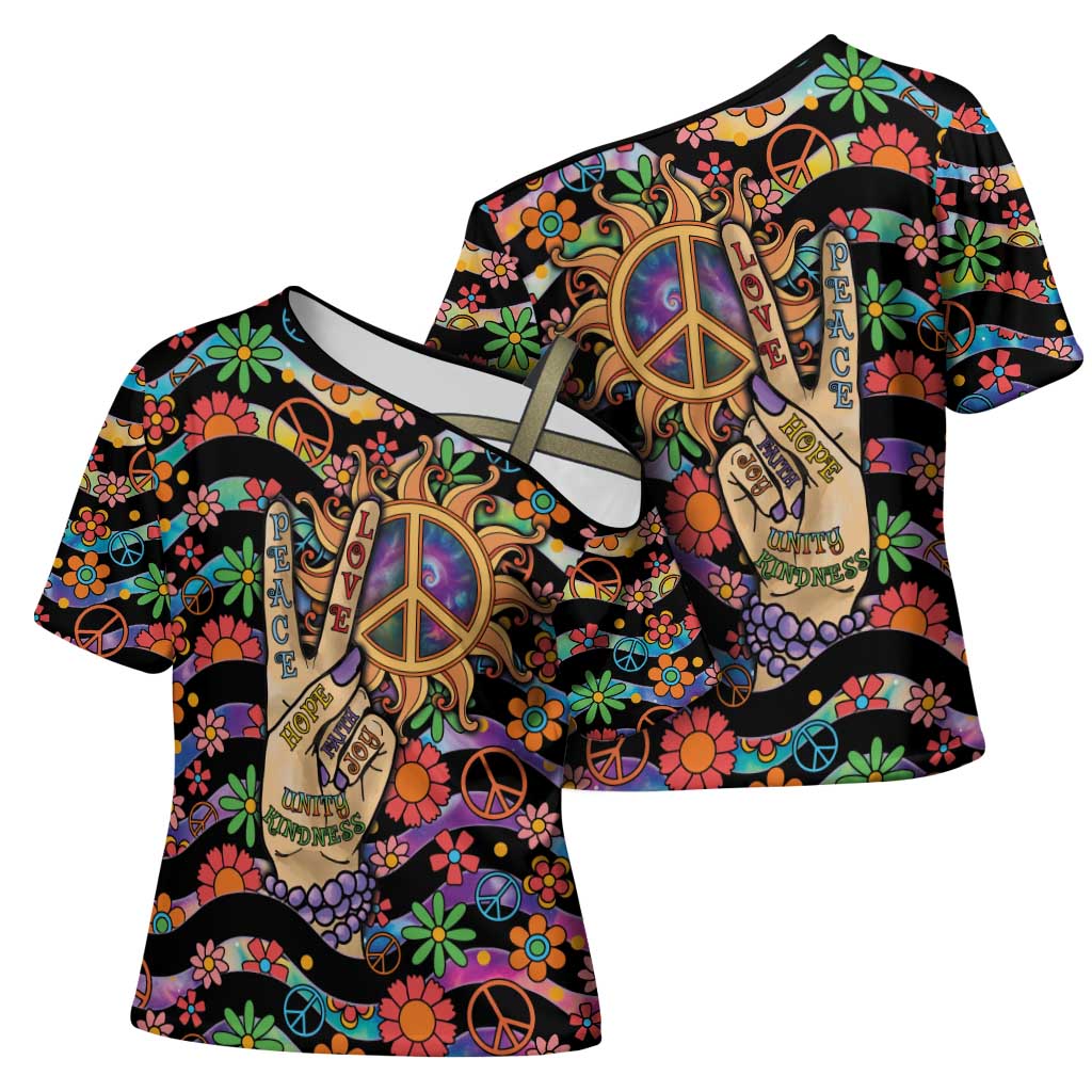 Hippie Cross Shoulder Shirt Hand Gesture V With Peace Symbol - Wonder Print Shop