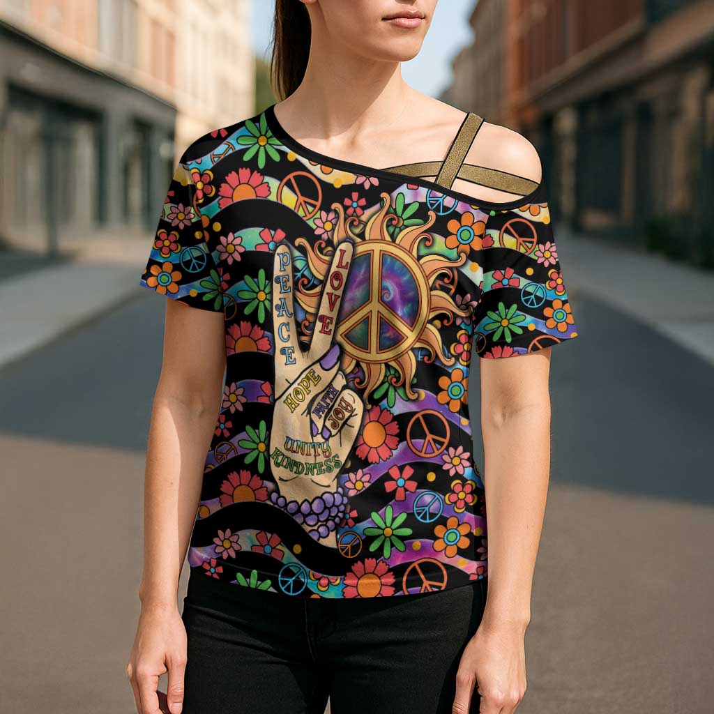 Hippie Cross Shoulder Shirt Hand Gesture V With Peace Symbol - Wonder Print Shop