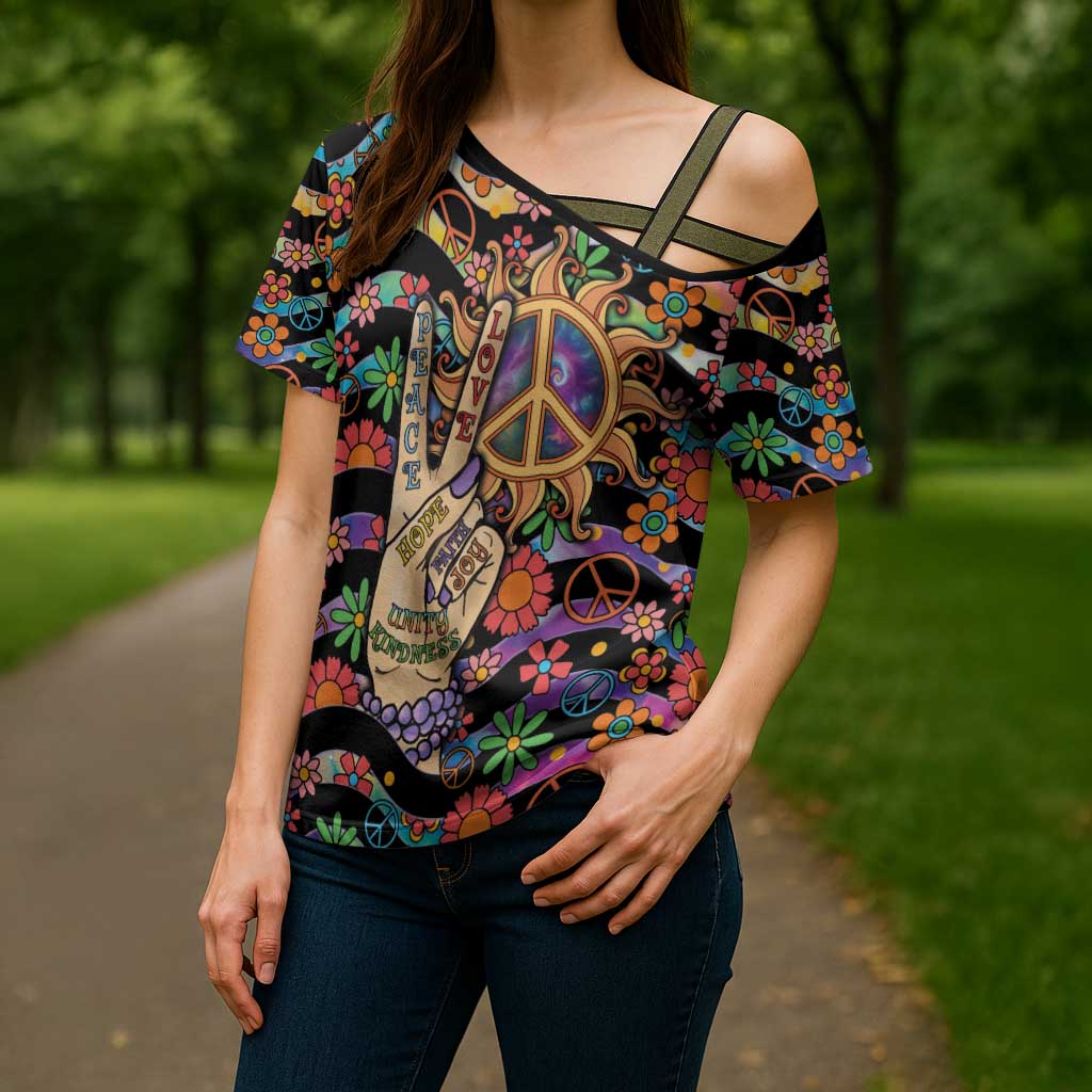 Hippie Cross Shoulder Shirt Hand Gesture V With Peace Symbol - Wonder Print Shop