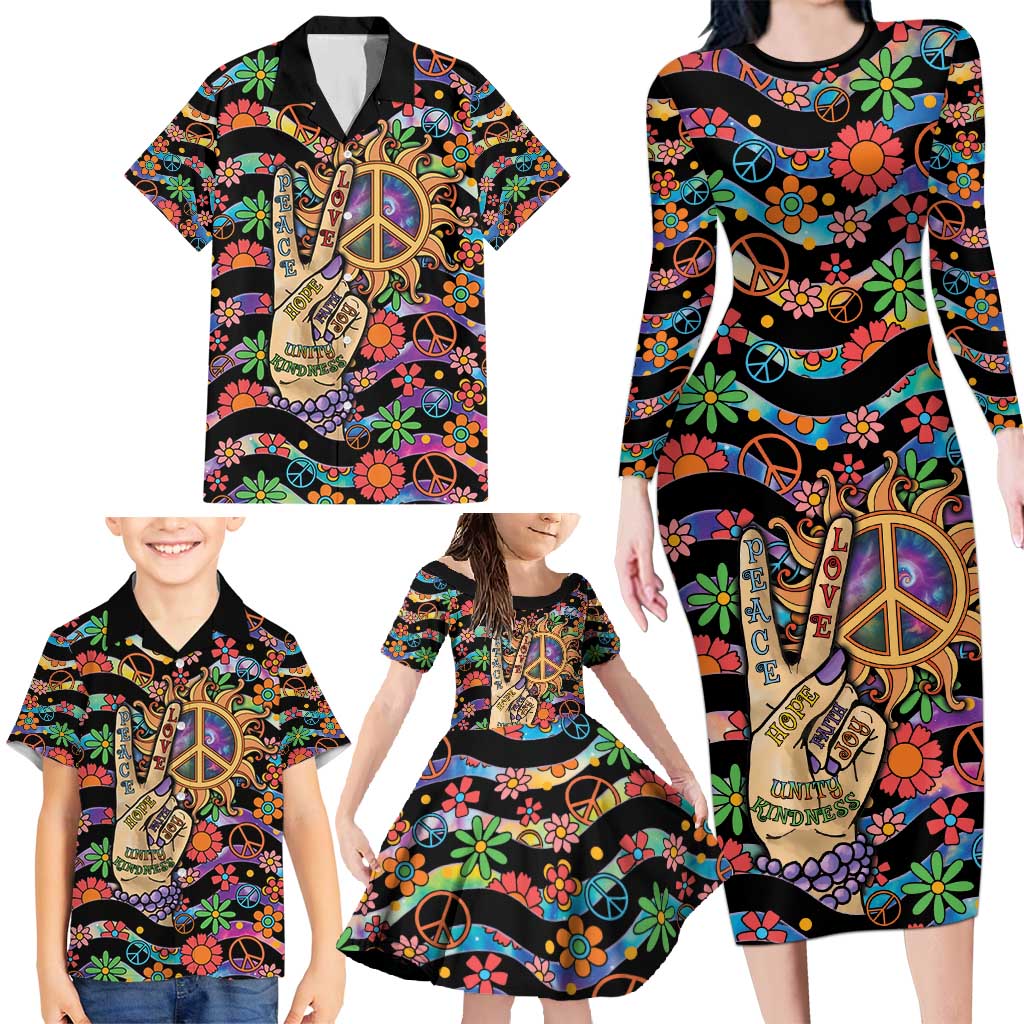 Hippie Family Matching Long Sleeve Bodycon Dress and Hawaiian Shirt Hand Gesture V With Peace Symbol - Wonder Print Shop