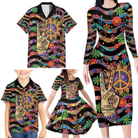 Hippie Family Matching Long Sleeve Bodycon Dress and Hawaiian Shirt Hand Gesture V With Peace Symbol - Wonder Print Shop