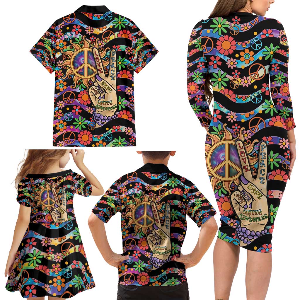 Hippie Family Matching Long Sleeve Bodycon Dress and Hawaiian Shirt Hand Gesture V With Peace Symbol - Wonder Print Shop
