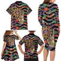 Hippie Family Matching Long Sleeve Bodycon Dress and Hawaiian Shirt Hand Gesture V With Peace Symbol - Wonder Print Shop