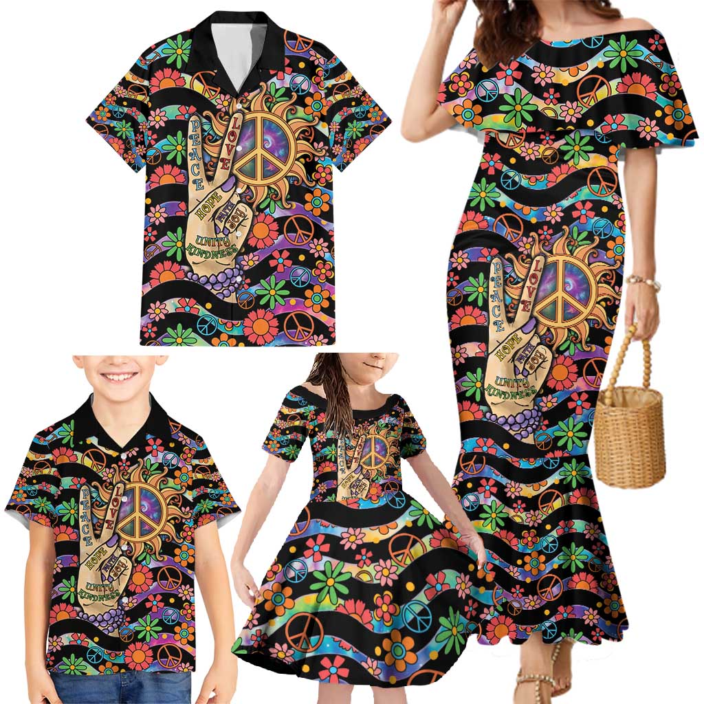 Hippie Family Matching Mermaid Dress and Hawaiian Shirt Hand Gesture V With Peace Symbol - Wonder Print Shop