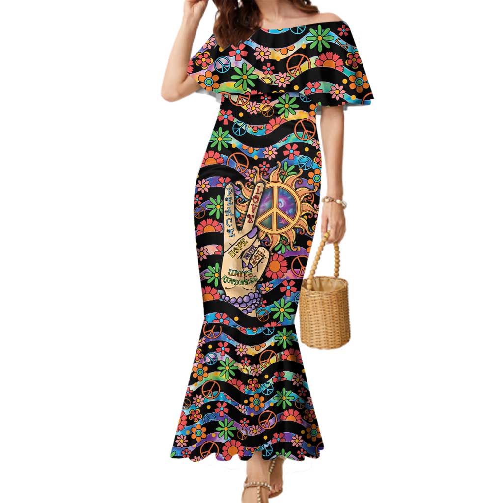 Hippie Family Matching Mermaid Dress and Hawaiian Shirt Hand Gesture V With Peace Symbol - Wonder Print Shop
