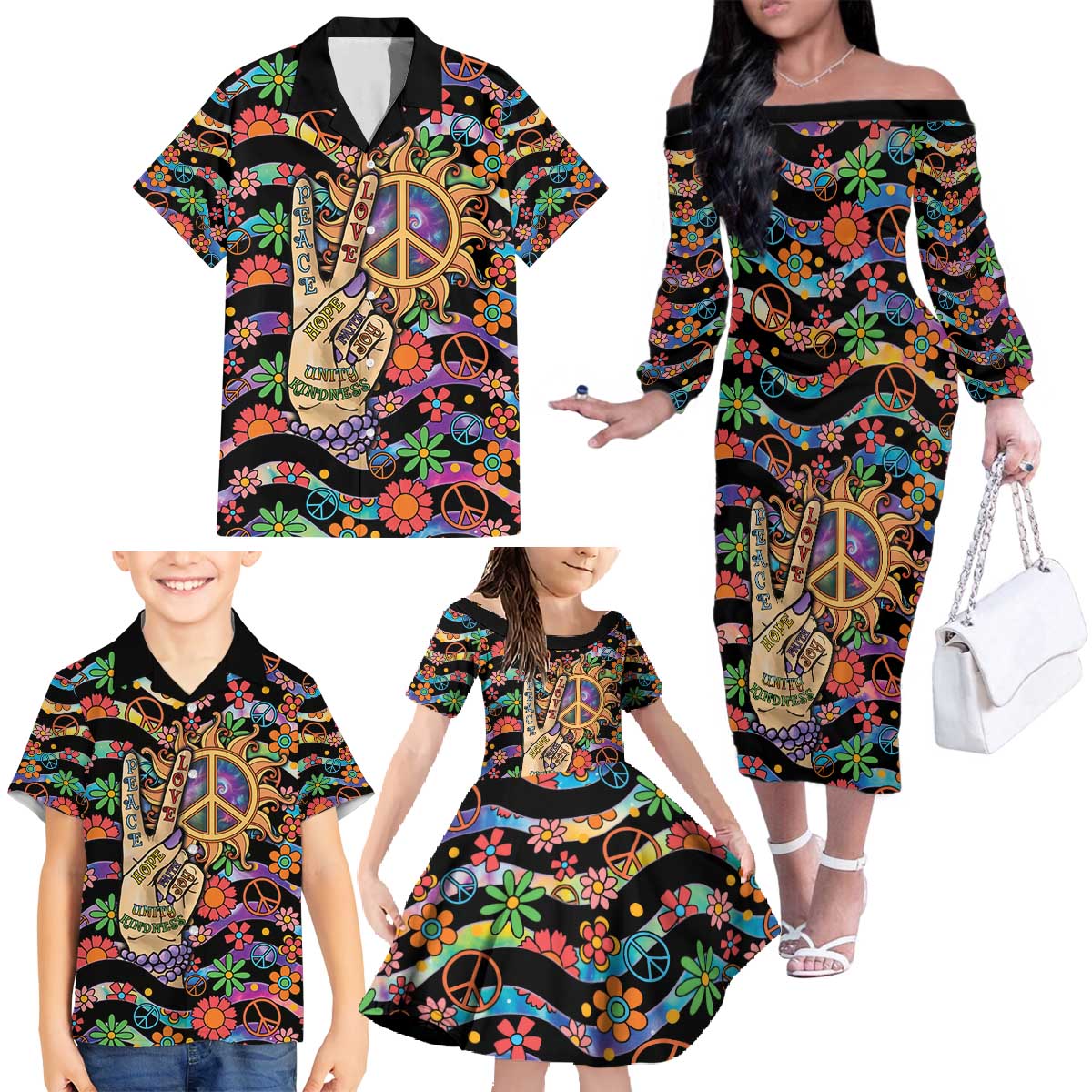 Hippie Family Matching Off The Shoulder Long Sleeve Dress and Hawaiian Shirt Hand Gesture V With Peace Symbol - Wonder Print Shop