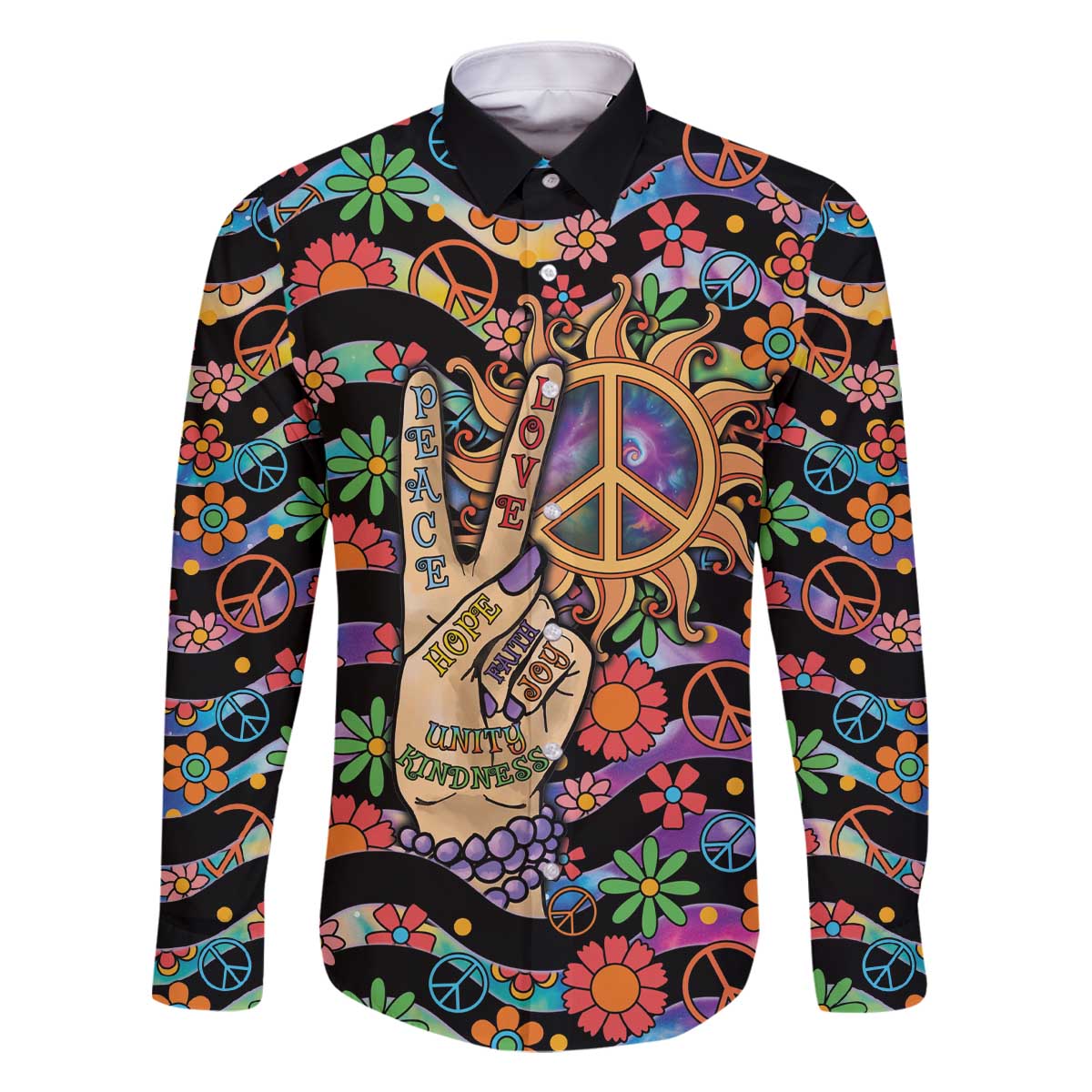 Hippie Family Matching Off The Shoulder Long Sleeve Dress and Hawaiian Shirt Hand Gesture V With Peace Symbol - Wonder Print Shop