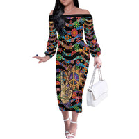 Hippie Family Matching Off The Shoulder Long Sleeve Dress and Hawaiian Shirt Hand Gesture V With Peace Symbol - Wonder Print Shop