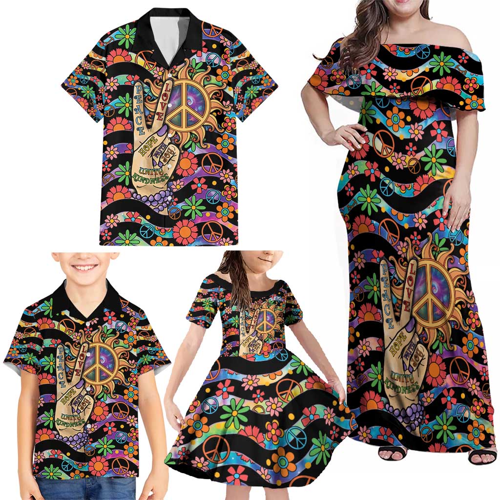 Hippie Family Matching Off Shoulder Maxi Dress and Hawaiian Shirt Hand Gesture V With Peace Symbol - Wonder Print Shop