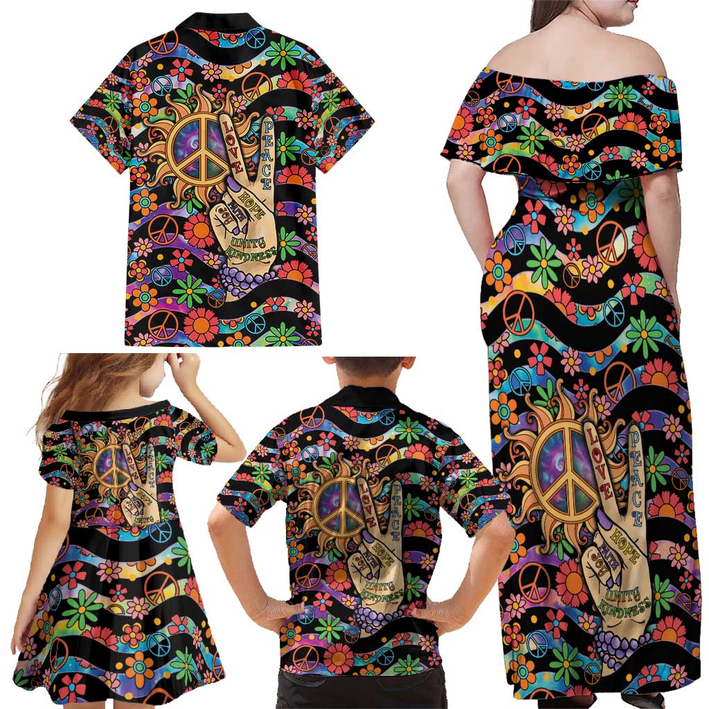 Hippie Family Matching Off Shoulder Maxi Dress and Hawaiian Shirt Hand Gesture V With Peace Symbol - Wonder Print Shop