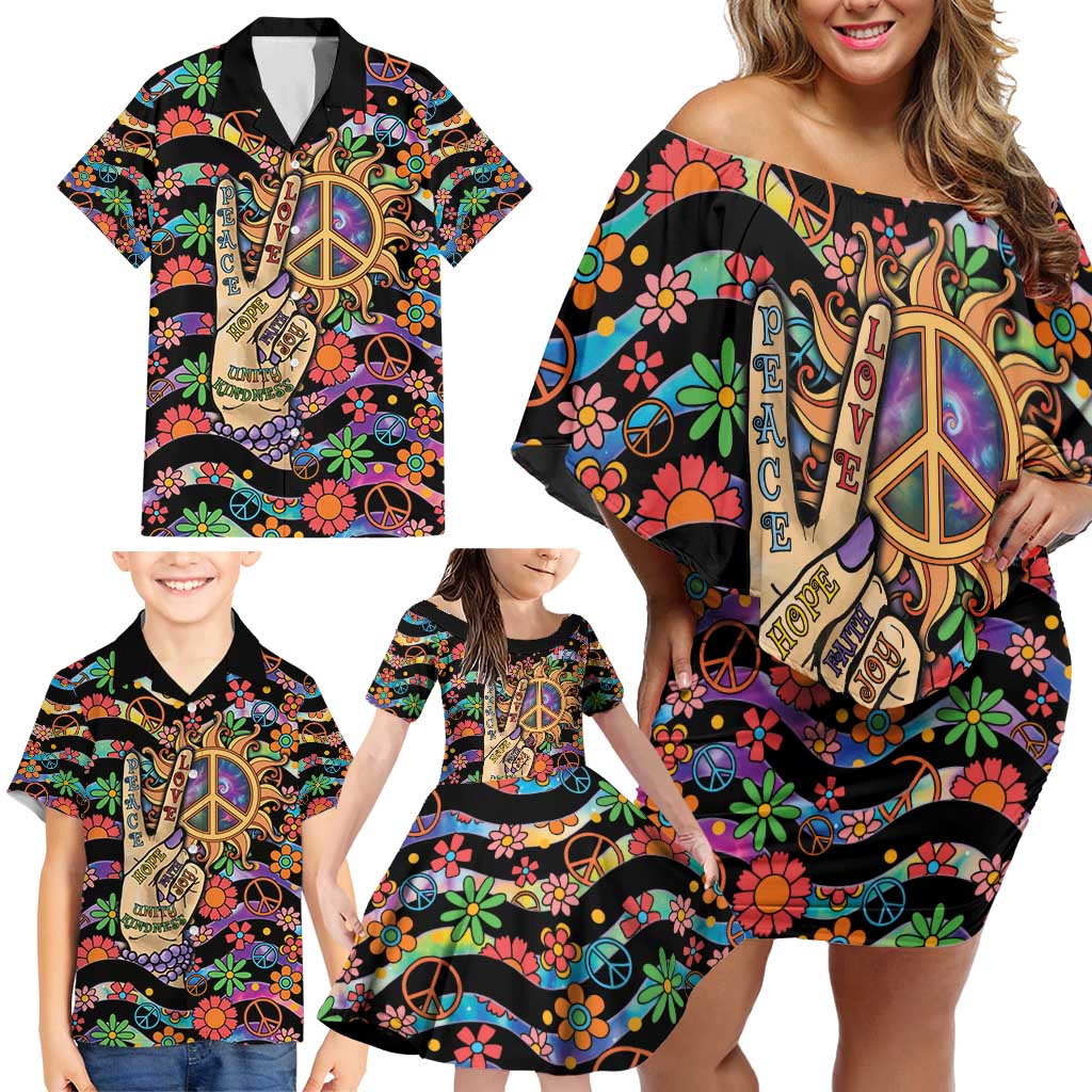 Hippie Family Matching Off Shoulder Short Dress and Hawaiian Shirt Hand Gesture V With Peace Symbol - Wonder Print Shop