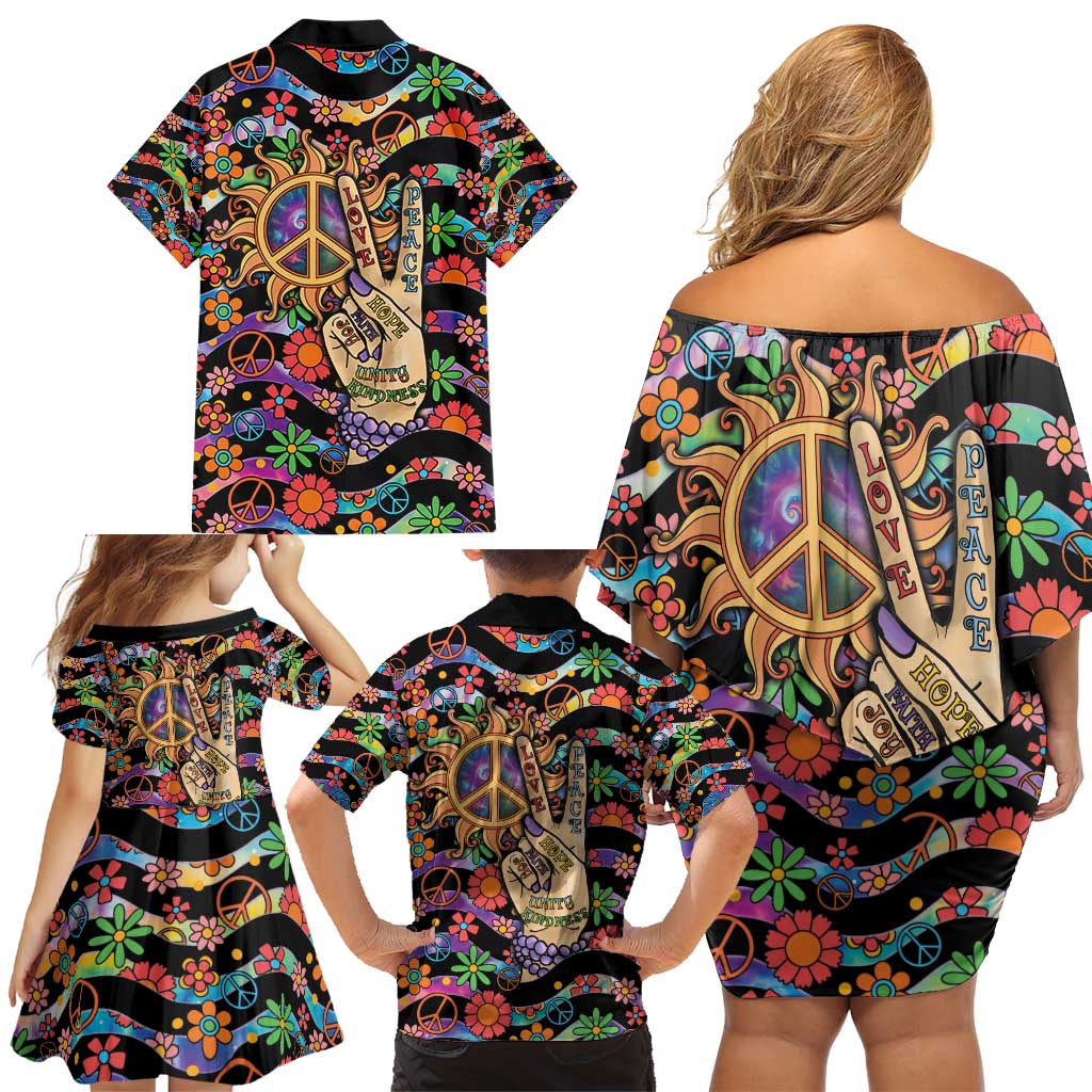 Hippie Family Matching Off Shoulder Short Dress and Hawaiian Shirt Hand Gesture V With Peace Symbol - Wonder Print Shop