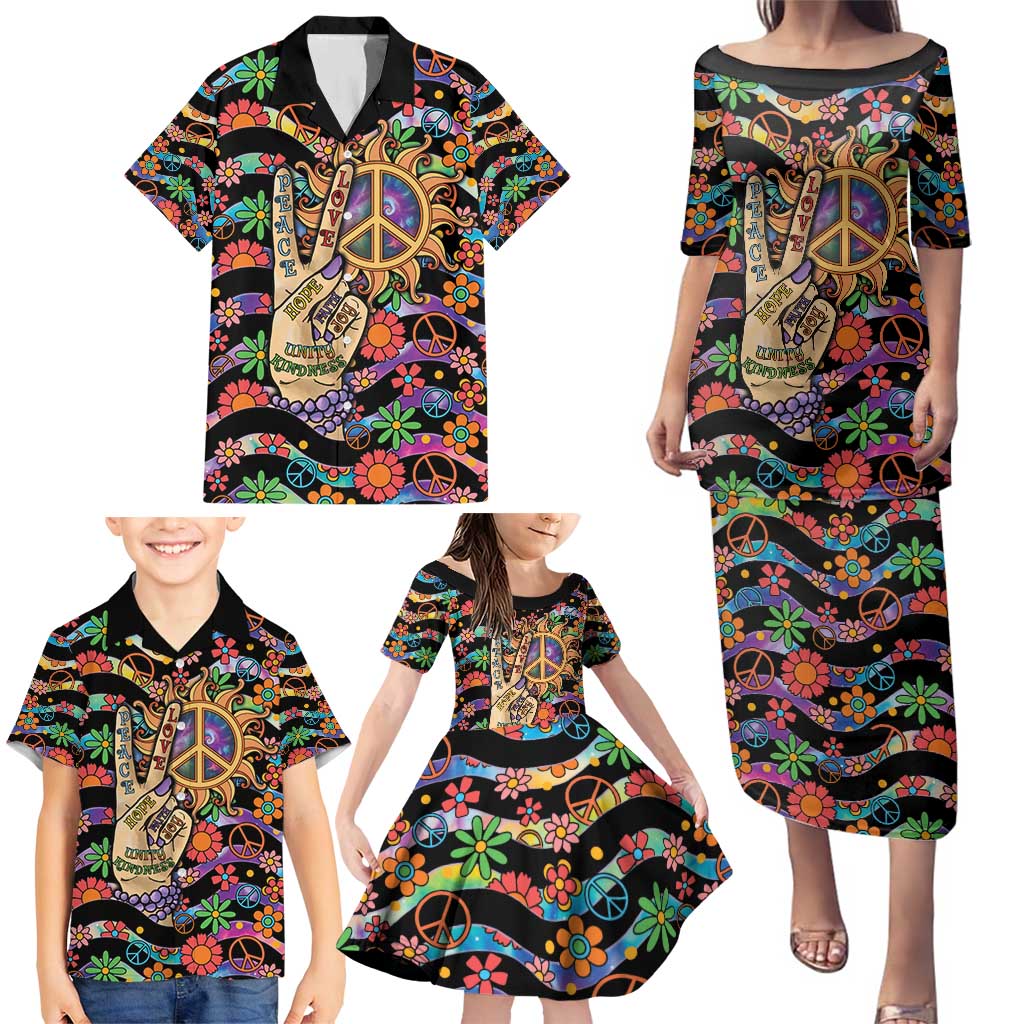 Hippie Family Matching Puletasi and Hawaiian Shirt Hand Gesture V With Peace Symbol - Wonder Print Shop