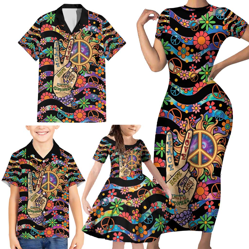 Hippie Family Matching Short Sleeve Bodycon Dress and Hawaiian Shirt Hand Gesture V With Peace Symbol - Wonder Print Shop
