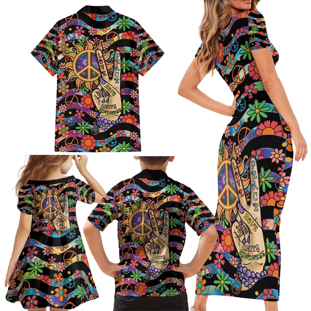 Hippie Family Matching Short Sleeve Bodycon Dress and Hawaiian Shirt Hand Gesture V With Peace Symbol - Wonder Print Shop