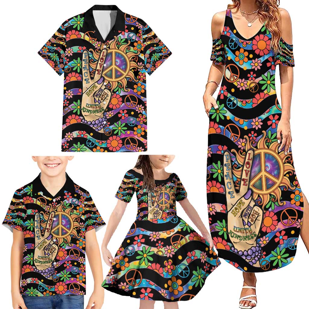 Hippie Family Matching Summer Maxi Dress and Hawaiian Shirt Hand Gesture V With Peace Symbol - Wonder Print Shop
