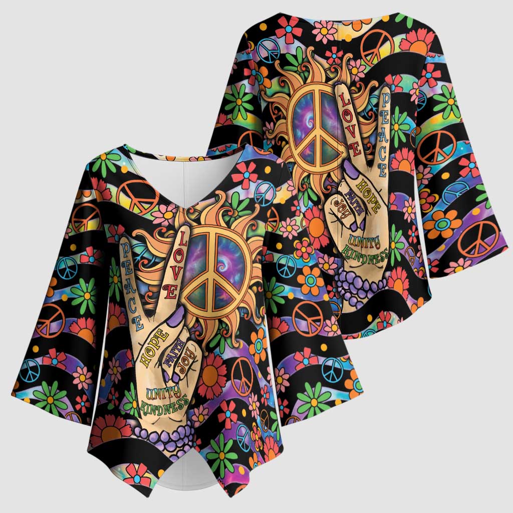 Hippie Kimono Sleeve Blouse Hand Gesture V With Peace Symbol - Wonder Print Shop