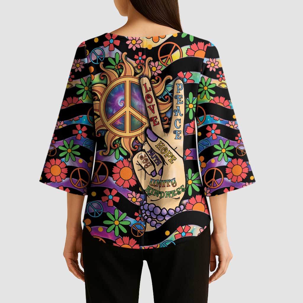 Hippie Kimono Sleeve Blouse Hand Gesture V With Peace Symbol - Wonder Print Shop